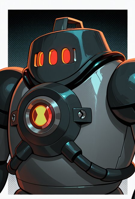 <lora:nrg-06:1> nrg, solo, robot, no humans, armor, red eyes, 3 eyes,, masterpiece, best quality, amazing quality, very aesthetic, absurdres, newest,, upper body, halftone effect, white borders, abstract background:1.2,