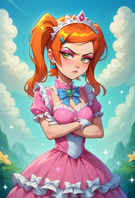 score_9, score_8_up, score_7_up, source_anime , 1girl, gwen tennyson (/Ben10)/, (ultra HD quality details), bright orange hair, green eyes, girly twintails, very long hair, masterpiece, best quality, absurdres, (pastel theme) magical girl, pink shiny dress, magical girl dress, sequins, madoka dress, petticoat, bell skirt, pastel colors, kawaii, frilled skirt, thighhighs, puffy dress, puffy short sleeves, gloves, tiara hairband, gem brooch, bow, ribbons, lace trim, frills, frilled fabric, sparkles, glitter, medium breasts,
lipstick, long eyelashes, eyeshadow, eyeliner, mascara, makeup,  
outdoors, nature, clouds, heart earrings, heart accessories, jewelry, frilled boots, solo, cowboy shot, looking to the side, half-closed eyes, pouty lips, pout, :T, crossed arms