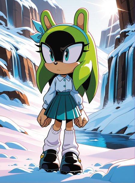 1girl, solo, full body, no humans,
<lora:Surge-the-Tenrec_v4:1> surge the tenrec, black face, aqua eyes, hair down, long hair,
retro style, collared blouse, pleated skirt, overknee socks, saddle shoes, bow headband, (medium shot), playing with the snow, detailed face, located in a winter scene at a icy frozen waterfall during afternoon with snowy weather, illuminated by bright sunlight, creating a wondrous,serene atmosphere, extremely detailed, highres, masterpiece, best quality