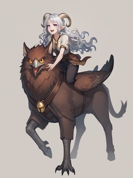source_furry, score_7_up, rating_safe, source_anime, anime face, <lora:whisker_markings:0.8>red whisker_markings, silver long wavy hair, bell necklace, short pointy ears, purple eyes, <lora:age_slider_v4:0.6> full body, close up, 
<lora:Test_Diana:0.9> tiefling_bard_diana griffin, riding griffin, <lora:Tieflingnew weird fantasyDND:0.3><lora:Smooth Style 2 SDXL_LoRA_Pony Diffusion V6 XL:0.3> smile, open eyes, <lora:INKxXmo shaded face:0.7> Shaded FaceINKxXmo Dark Theme, <lora:griffin:1>