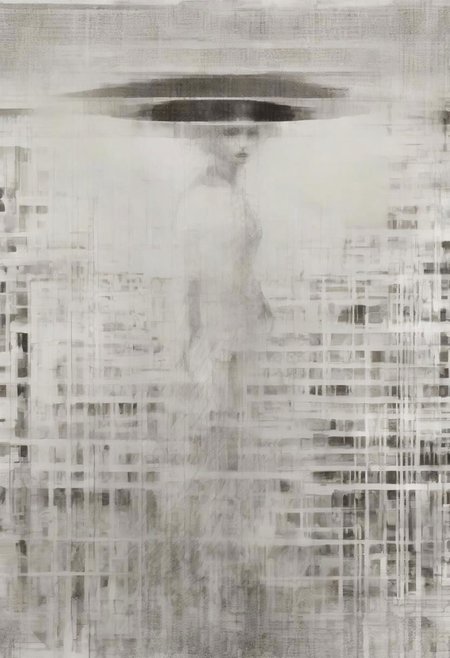 Monochrome black and white, Giger, Beksinski, Zawadzky, Dali, Magritte, Delvaux, Bellmer, Malevitch, Rodchenko, Mondrian, Kandinsky, Popovna, psychedelic hallucination, pop surrealism, rough crosshatch drawing pop art Lunatic_Portrait of a young woman in latex Avant-garde Fashion page, slick back, low bun, black makeup, sinister expression, intense glare, avant-garde, abstract, weird, geometric, constructivism, suprematism, rayonism, verticism, lineism, tj