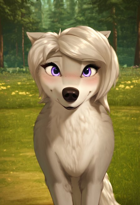 zPDXL, score_9_up, score_8_up,_7_up, score_6_up, score_5_up, score_4_up ,source_furry, best quality, amazing quality, masterpiece, 1girl, looking at viewer, solo, fullbody, cute, blush, cute smile, cute pose, out doors, forest, trees, field, flowers, lilly,  wolf girl, silver-gray fur, purple eyes, wolf tail, wolf ears,   <lora:Lilly:0.8>, vksuika, <lora:Vksuika:1>, Expressiveh, good_hands, <lora:Expressive_H:0.8>, <lora:Detail_Slider_v1.4_iteration_3:4>, <lora:pony_good_hands:0.8>
