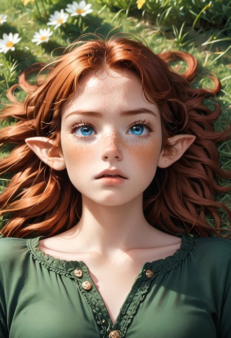 score_9, score_8_up, a red haired elf laying naked on her back in a field of long grass, masterpiece, cinematic look, soothing tones, hyperdetailed, 20 years old, grass, outside, laying in the grass, laying down, laying on back, long hair, hair down to hips, loose long hair, confused, drowsy, red hair, ginger hair, bright blue eyes, full body, heart shaped face, auburn hair, dirty hair, tangled hair, eyes half closed, small nose, full lips, elven ears, pointed ears, pale skin, freckled face, freckles, sleepy, noontime, tired