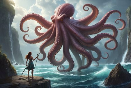 ethereal fantasy concept art of  a giant octopus clings to the girl,girl holding a trident fighting with an octopus,gigantic_breasts,a plump figure,<lora:S-shape Body SDXL:1.6>,mysterious light and shadow,dark_clouds,cinematic light,magic,ocean,huge waves,storm,evil,dark terror,erotic,octopus tentacles reach into girl's skirt,greek mythology,battle scene,huge underwater cave,<lora:PLASTT:0.7>,<lora:çå¨è¡¨æExpressions_XL:0.7>, . magnificent, celestial, ethereal, painterly, epic, majestic, magical, fantasy art, cover art, dreamy