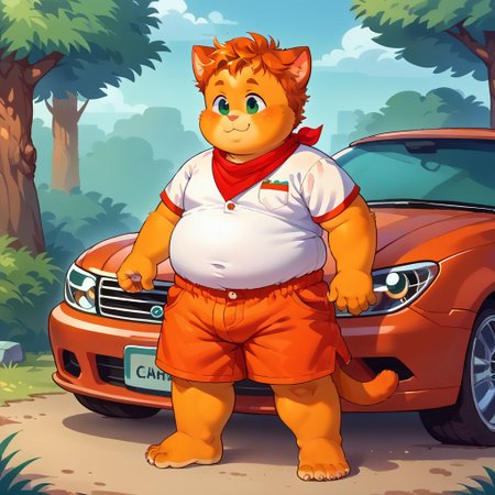 score_9, score_8_up, score_7_up, source_anime, fat, double chin, fat arms, fat legs, chubby cheeks, freackles, wearing a boyscout uniform, wearing shorts, wearing boy scout shirt, unbuttoned, wearing neckerchief, standing, summer camp background, 1boy, cat ears, car tail, paws, orage fur, solo, forest background, happy mood, young, ginger hair, messy hair,  barefoot, chibfurri, furry, anthro, five toes, cub.