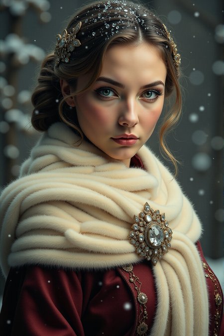 <lora:FFS_v.5:0.8> FFS style. The image is a highly detailed, hyper-realistic digital painting created in the style of photorealism, featuring a young woman with an ethereal, winter-themed background. The subject is a fair-skinned woman with porcelain-smooth skin, striking green eyes, and a delicate nose. Her hair is styled in a classic updo, adorned with intricate, gold hair accessories that add a touch of elegance. She is dressed in a rich, deep maroon garment with intricate details, featuring a cream-colored scarf wrapped around her neck, adorned with a large, ornate brooch at the center that matches her hair accessories, adding a touch of opulence. The scarf appears to be made of a soft, fluffy material, enhancing the warmth and luxury of her attire. Snowflakes gently fall in the background, adding a serene, wintry ambiance. The background is blurred, with a soft focus on the woman, and features a muted, cool-toned color palette that contrasts sharply with the warmth of her clothing. The lighting is soft and diffused, highlighting her facial features and the intricate details of her attire.