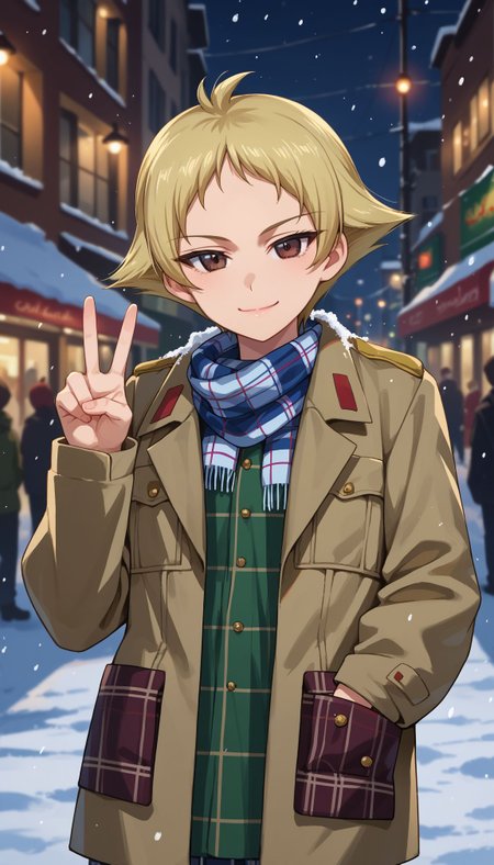 score_9, score_8_up, score_7_up, source_anime,
 <lora:GUPErwin:1> erwin (girls und panzer), 1girl, short hair, blonde hair, pointy hair, brown eyes, 
blurry, blurry background, bokeh, depth of field, hair between eyes, jacket, long sleeves, looking at viewer, plaid, plaid dress, plaid jacket, plaid scarf, plaid shirt, scarf, smile, solo, unmoving pattern, street, winter, snow, one hand on pocket, v over eyes,