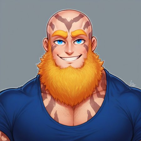 score_9, score_8_up, score_7_up, score_6_up, score_5_up, score_4_up, rating_questionable <lora:gomtang_style_1:1, <lora:add-detail-xl:1.5>, Very Long Big Beard, Yellow Facial Hair, Half Body, Closeup, Bust portrait, In The School/School Background, School Gym, School Scenery, 1boy, Strong Triangular Jawline, bodybuilding, massive pectoral, beefy muscle, Rugged Features, Mature Male, 40-Year Old, Short Bright Blonde Messy Hair, Hair Bangs, Goliath, Thick Yellow eyebrows, PE Teacher Shirt Outfit, {(Yellow Facial Hair)}, {{Completely Bald}}, {{Blue Body Tattoo}}, Looking At Viewer, Blue Eyes, Brawl Stars Style, Saying Hi, Smile, Highlights, {No Mustache}, Tall, <lora:Cruz'sBeardedMan:0.7>