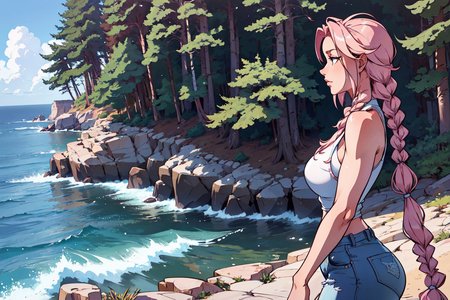 upper body, a woman walking on a cliff, pine trees, sunny, white louds, sea, birds, , beautiful girl, high detail skin, high detail eyes, high detail hair, highres, ultra detailed, sharpen picture, Highly detailed, masterpiece, best quality, photorealistic,
 <lora:Xiao RouqingLora:0.7> 1girl, pink long hair, twin braids, tank top, short jeans