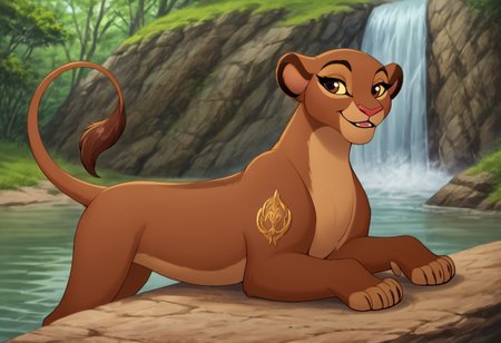 score_9, score_8_up, score_7_up, by reallynxgirl,  BREAK, solo, rani, lioness, ((feral)), female lion, brown body, reddish brown eyes, smiling, seductive pose, detailed background,  (seductive pose:1.2), (raised tail:1.6), lake, waterfall background, detailed background, (rear view:1.5), (seductive face), (teasing), (looking at viewer)