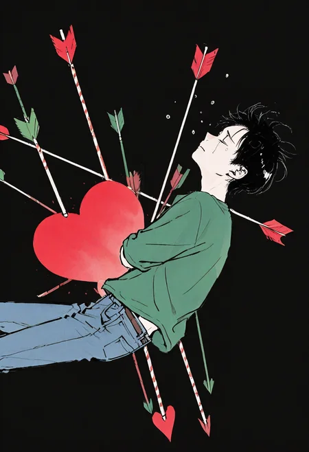 1boy, 30-yo boy, looking up, from side, (looking to left:1.2), tears, black background, closed eyes, closed mouth, dutch angle, falling,
BREAK
black hair, green shirt, jeans, short hair, skinny, massive heart arrow, arrow in body, 
BREAK
<lora:Ink_wash_painting_style_v1.5:1>,
BREAK
best quality, masterpiece, very aesthetic, absurdres, highest detailed, very awa, simple background,