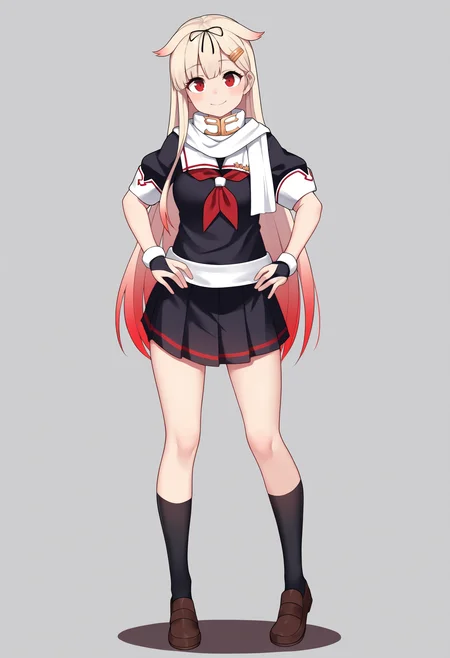 best quality, amazing quality, very aesthetic, absurdres,
1girl, yuudachikaini, blonde hair, gradient hair, hair flaps, long hair, hair ribbon, hairclip, red eyes,
serafuku, fingerless gloves, neckerchief, pleated skirt, school uniform, scarf, black socks, loafers,
hands on hips, standing, full body, smile, looking at viewer, solo, simple background, white background      <lora:YuudachiNoobXL_byKonan:1>