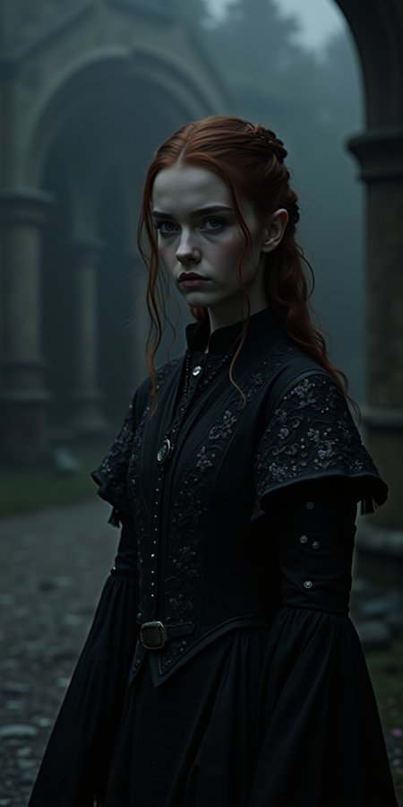 Design an image of Sansa Stark from Game of Thrones reimagined with a melancholic or emo aesthetic, under the name 'Sadie Stark.' She is dressed in dark, gothic-style clothing, such as a black, intricately detailed gown with silver accents, and her hair is styled in an emo-inspired look with long, dark fringes. Her makeup features dark eyeliner and subtle, somber tones. Sansa’s expression is one of deep sorrow and introspection, reflecting a poignant, emotional depth. The background is a dimly lit, gothic version of the Stark castle, with muted colors and a somber, atmospheric ambiance. The overall scene combines the elegance of Sansa Stark with a brooding, emo style, capturing a sense of melancholy and introspection.