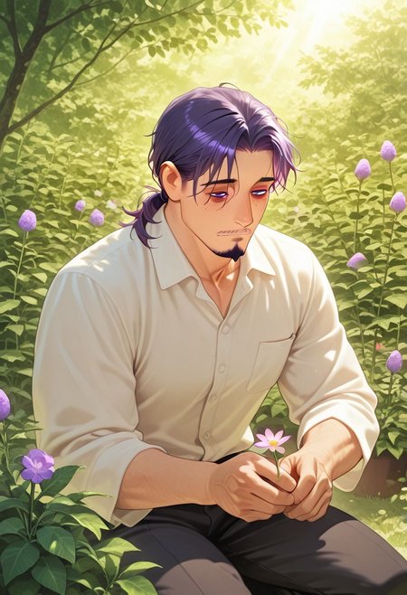 1boy, mbti_intp, mature man, purple eyes, droopy eyes, eye bags, tied hair, goatee, kneeling in a lush garden, examining a flower, wearing a comfortable linen shirt, soft sunlight filtering through leaves, surrounded by vibrant flora, a gentle and curious expression, natural and charming aesthetic, detailed botanical elements