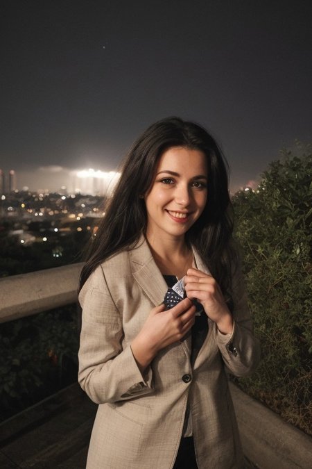 30yo American woman wearing bussiness suit with an American pin on chest.
Holding a flag.
Dark black smooth long hair ponytail. smiling.
Looking at camera.
Dynamic varying pose.
Outside bussiness. Night time,  
Night time, dark.