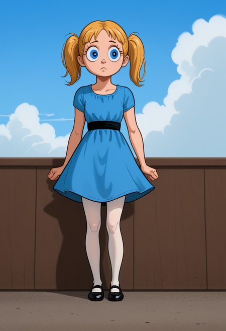 Solo, one character, 
1girl, OriginalBubbles, oval-shaped heads, blonde hair in two pigtails, large eyes, sky blue eyes, fair skin, stubby arms, stubby legs, no necks, no noses, no ears, no hands, small sky blue dress with a black-centered stripe, white tights, black Mary Janes shoes