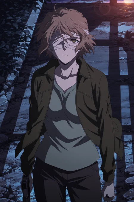 anime screencap, anime coloring, detailed face, masterpiece, best quality, very aesthetic, absurdres, bokeh, volumetric lighting, official style, amazing quality, ultra detailed,  highres, amazing quality, scenery, beautiful detailed hair,
 <lora:Hex_Jormungand:1>
outside, evening, dim lighting, 
Hex bandaged eye appearance, Hex (Jormungand), gun, solo, weapon, 1girl, brown hair, handgun, jacket, bandages, short hair, brown eyes, cowboy shot, high angle, girl looking up