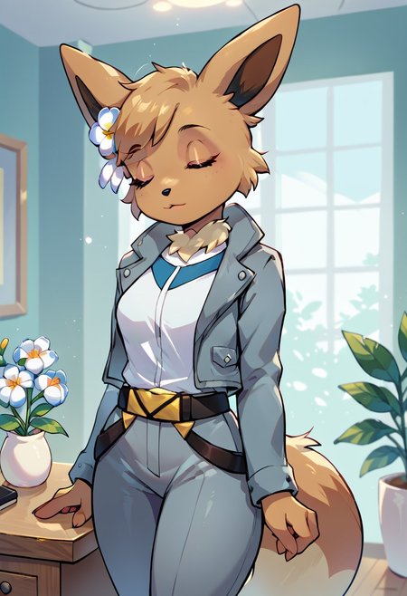 score_9, score_8_up, score_7_up, source_furry, ellie, white shirt, grey jacket, white flower, belt, closed eyes, indoors, sidelocks, clothed pokemon, open jacket