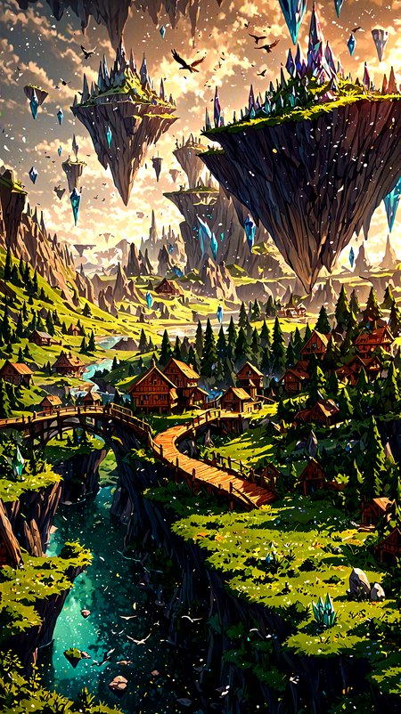 scenery, floating island, no humans, (bird:1.1), grassland, village, wooden bridge, crystal, deep forest, lake, sky, fantasy, blurry background, artistic filter, polarized, masterpiece, best quality, amazing quality, very aesthetic, absurdres, newest,