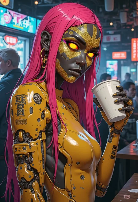 anime, cyberpunk, upper body shot, portrait of a beautiful woman dark skin reflective, half turn head to the camera, (intricate golden face tattoo), golden dress with techy touch, drinking from a white cup in hand, golden prosthetic arm that is intricate and highly detailed, golden eyes glow, half face is golden transfusion, golden line splits the face vertically, golden makeup and lipstick color, golden glitter makeup, thin cheeks, glowing gold on face, (background is busy futuristic bar that is also messy, dark moody lights, neon glow), detailed lips, (pink long hair), Victorian party mask on eyes, UHD, smooth, sharp, detailed, intricate,
