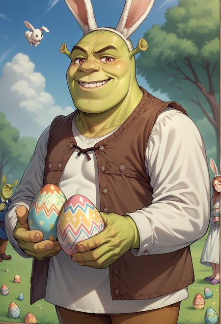 score_9, score_8_up, score_7_up, source_anime, 1boy, <lora:Shrek_XLPD:1> shrek, green skin, easter egg, easter, showing easter egg under coat, smirk, easter outfit, happy easter, holding egg, rabbit ears,