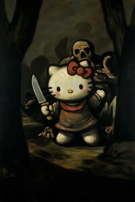 g0ya1 painting of of Hello Kitty in the middle of the forest holding a knife, the atmosphere and the character looks scary, Hello Kitty is hidden by the shadows  <lora:g0ya2_cap_d6a3e12:1.0><lora:823852440794416685:0>