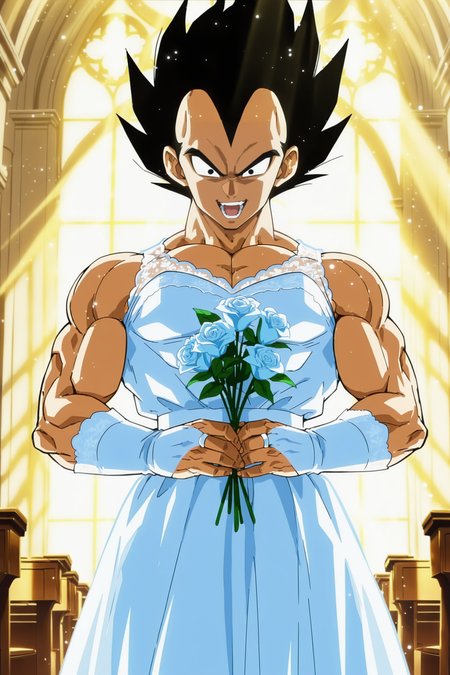 anime screencap, masterpiece, best quality, amazing quality, very aesthetic, absurdres,  newest, (scenery, volumetric lighting), official style, 
official style, vegeta, black hair, black eyes, spiked hair, wedding dress, holding flowers, wedding alter, church, cowboy shot, muscular male, smile, teeth, open mouth, crazy eyes, long dress, sleeveless dress, bridal gauntlets, dappled sunlight, light particles, light rays,
<lora:Vegeta_IL_V2:0.8>