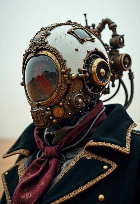 cpstyle01.  This is a highly detailed, CGI-rendered image of a humanoid robot head and neck, now infused with Victorian elements. The robot's head is predominantly white, with a glossy, reflective surface that gleams under the pale light. The large, circular visor now bears an ornate, brass frame, intricately designed with delicate engravings and Victorian-era flourishes. It displays a pixelated pattern of red and gray squares, but the pattern has a vintage, steampunk feel, reminiscent of old mechanical clockwork gears rather than modern digital interfaces. The visor’s edges are slightly rusted, giving it an antiquated, mechanical appearance.
The robot's neck and upper body, once sleek and industrial, are now adorned with elaborate brass and copper gears, pipes, and cogs, all intricately arranged like the inner workings of an old, steam-powered machine. The body is draped in a tattered, dark velvet military parka, richly patterned with faded gold embroidery along the seams, giving it a touch of aristocratic decay. The parka is worn and weathered, showing signs of age with frayed edges, and it's buttoned with large, polished brass fasteners that gleam in contrast to the otherwise aged fabric.
Around the robot's neck, instead of a simple scarf, lies a finely embroidered cravat made of deep burgundy silk, its ends trailing behind in the dusty wind. The cravat adds an aristocratic elegance to the otherwise mechanical appearance.