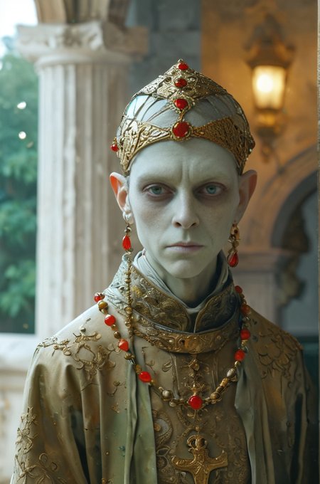 Upper body photo, dutch angle, peculiar half-human priest, unusual head protrusions, unnatural skin hue, (realistic highly detailed eyes), adorned in small adamite and carnelian gems, style of dark white and green, gold filigree, standing in a white stone courtyard on alien planet, intricate details, epic realism, photographic quality, absurdres, award winning illustration by Claude Monet and James C. Christensen, volumetric lighting,  Juxtaposed image between the serene priest and the harsh alien environment, <lora:add-detail-xl:2.5>  <lora:MJ52:0.6>  <lora:sdxl_lightning_8step_lora:1>  <lora:eyetuneT:0.5> direct eye contact with viewer, accurate focus on eyes