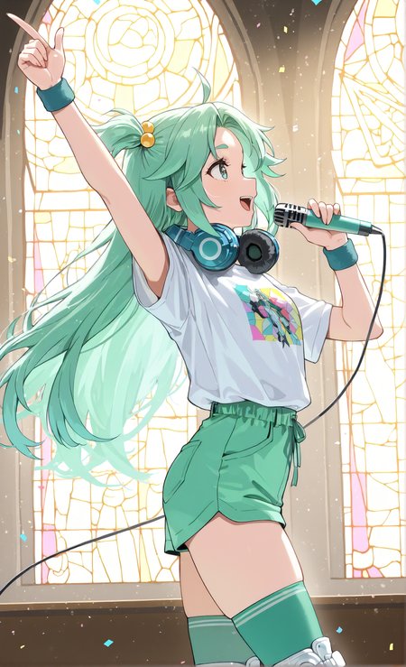 masterpiece, sharp detail, intricate detail,  1girl,  <lora:To be hero X - Lucky Cyan:0.8>, lucky cyan \(to be hero x\), standing, sneakers, white footwear, roller skates, shorts, shirt, holding microphone, headphones around neck, smile, open mouth, green thighhighs, hair bobbles,  wristband, short sleeves, arm up, one side up, pointing up, cowboy shot, t-shirt, from side, stained glass, full body,