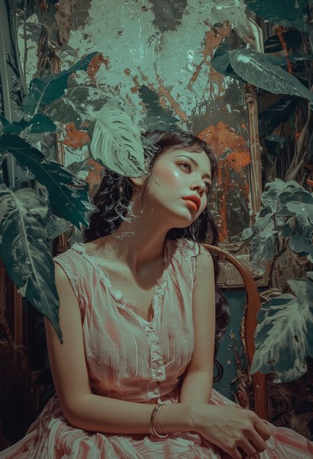 Dreamlike scene involving a woman in a state of contemplation. It combines elements of reality and lost memories. dynamic_pos3