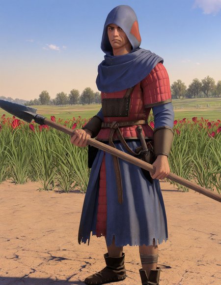 masterpiece, good quality, best quality,  2d, anime, 
bretonnianpeasant, 1boy, hood, armor, holding polearm, looking at viewer, determined,
field, dirt,
 <lora:BretonnianPeasant_Vpred:0.8>