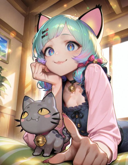 1girl, Neko.
An illustration of a Neko-girl with a weird hairstyle. She has cat ears and cat eyes with vertical slit pupils. Her surroundings bathe in sunlight and a cozy atmosphere. The overall style of the illustration is anime-inspired, with sharp details, post-processing, and filters.
solo, mature female, casual clothes, hairpin, hairbow, frills, bell choker, long nails, detailed pupils, lips, very big cat ears:1.1, cat eyes, playful, cheeky, :3, small breasts, indoors, calm atmosphere, 
absurdres, extreme details, gorgeous, volumetric lighting, best quality, vivid colors, very aesthetic, masterpiece, eye-catching image, epic, <lora:add-detail-xl:1.4>, <lora:FINALE:0.7>, <lora:ponyv6_noobV1_2_adamW:0.5>, <lora:noob1.1-lineart_adjust_mult-mki:-1.7>,