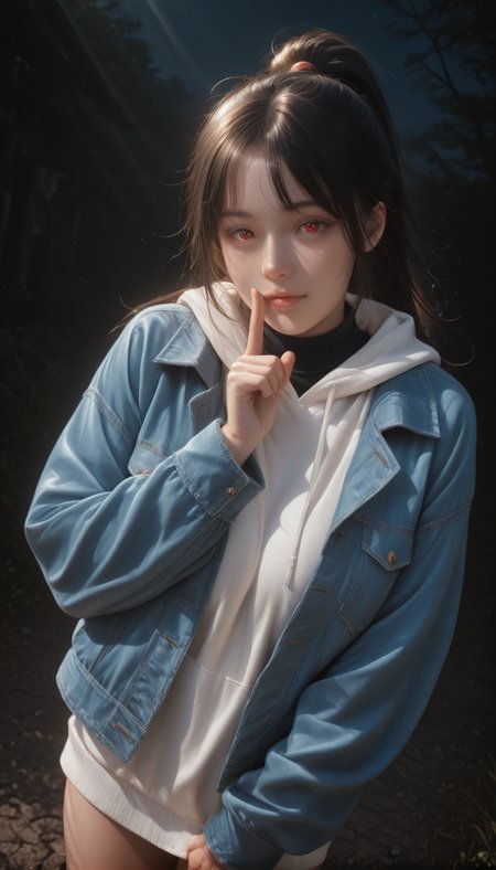 <lora:LCMTurboMix_Euler_A_fix:1> <lora:example_SDXL:0.3>, EZRealPONYXL, <lora:Dramatic Lighting Slider:3> <lora:realistic filter [IL]:1>
DSLR,realistic,cosplay photo, (very awa,masterpiece,best quality,year 2024,newest,absurdres,highres:1), realistic,skin texture,facial features, photography shot with Canon EOS 5D Mark IV , realistic, RAW, best quality, masterpiece, amazing quality, skin details,
1girl, highly detailed beautiful face, large natural breasts,
detailed background, shiny skin, dutch angle, night, moonlight,
beautiful detailed eyes, intricate details, absurdres, anime screencap,
<lora:YoakenoNanashi_Vtuber_kill0825:1>
VTNanashi, long hair, black hair, red eyes, fang, ahoge, sidelocks,
long sleeves, jacket, ponytail, thighs, open clothes, hood, mole, open jacket, sweater, black shirt, hoodie, hood down, blue jacket, denim, white hoodie, undershirt, denim jacket, shirt, turtleneck, front bang,
 <lora:shushing-illustriousxl-lora-nochekaiser:1>, shushing, finger to mouth, index finger raised,,