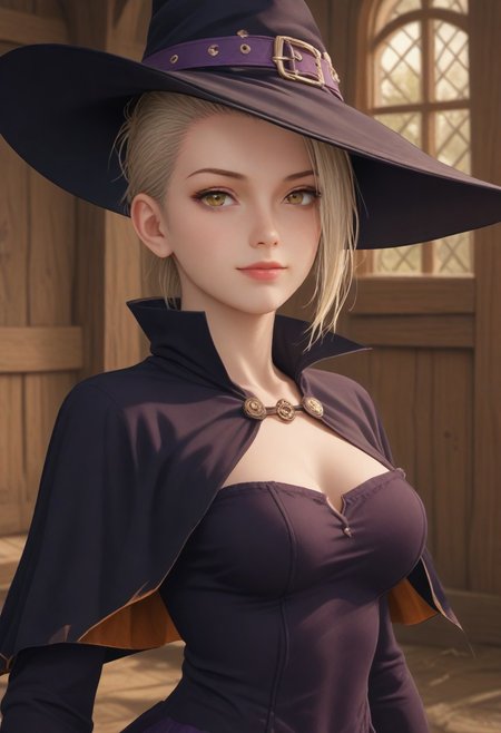 civitametapunksdxl_fem, 1girl, solo, light blonde hair, light skin, Mohawk hair, witch outfit, witch hat off, in Halloween cabin, evil smile,