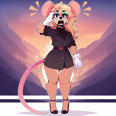 score_9_up, score_8_up, score_7_up, score_6_up, furry female, full-length portrait, by remanedur, ela novabay, female, furry, mouse, blue eyes, blue eyeshadow, blonde hair, long hair, tail, white gloves, headwear, (headgear), high heels, salute, looking looking at viewer, hairclip, white naval uniform, standing, (solo), three-quarter view, head tilt, yelling, open mouth,  <lora:Leah_Pines(AIM)_XL_v1:1>,  <lora:PDXL_artist_tags_v2_big:0.8> <lora:The-Minuscule-Task_PDXL_v1.0:0.8> <lora:Ela_Novabay_WirelessShiba:0.15>