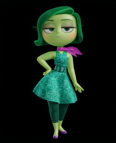 masterpiece, best quality, amazing quality, highres, absurdres, intricate detail, 3d, simple background, black background,  <lora:Disgust_ILLUS_2-000011:1> , disg, 1girl, solo, short hair, dress, bare shoulders, green eyes, green hair, sleeveless, scarf, green skin, looking at viewer, expressionless, full body, hand on hip, half-closed eyes,