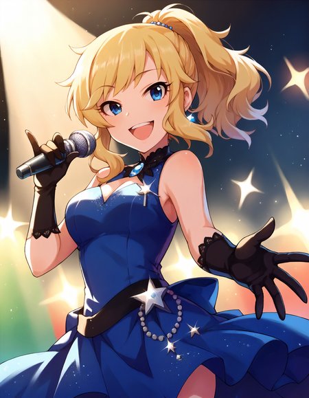 score_9,score_8_up,score_7_up,1girl,solo,cowboy shot,looking at viewer,smile,open mouth,holding microphone,stage lights,
<lora:ootsukiyui_ponyXLV6:0.8>,cgotky,
blonde hair,ponytail,blue eyes,
blue dress,sleeveless,black long glove