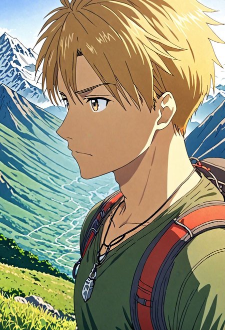 high resolution, solo, best quality, 1Boy, Yamato Ishida, Blond Hair, Necklace, landscape, upper body, look at the view behind, upper body, high mountain, hiking gear, , OverallDetail