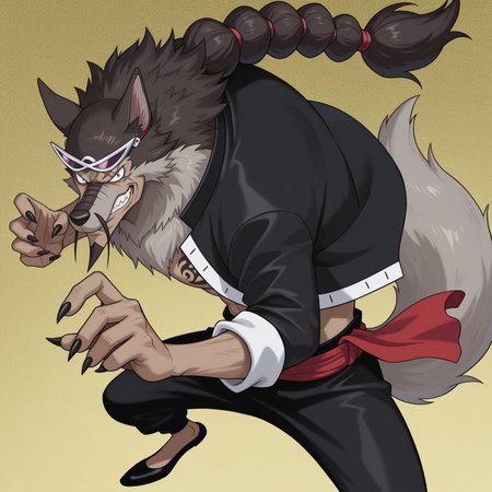 OPJabra, Solo, 2d, furry, furry male, wolf boy, wolf ears, black pupils, small pupils, long single braid, facial hair, large wolf tail, dipstick tail, black jacket, open jacket, red sash, black pants, scar, pointed goatee, long snout, mustache, black claws, sunglasses on head, gray fur, black hair, black shoes, animal ears, body fur, tattoo, long sleeves, furrification, 

BREAK red abstract background, grinning, looking at viewer, fighting stance, upper body focus 