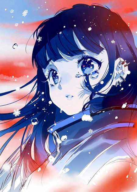by ajimita, 
portrait of a female 
sad, cry
blue tone
snow
 extremely beautiful detailed piercing eyes, 
 cinematic scene, scenery, detailed background, masterpiece, best quality, high quality, highres, absurdres, very detailed, high resolution, sharp, sharp image, 8k, vivid, colorful, stunning, anime