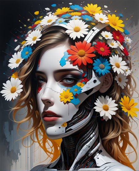flower,In The Distance,masterpiece,best quality, <lora:SandraChevrierXL:0.8>,sachr style,futuristic,religious,aesthetic (abstract warpaint),8k,awardwinning,trending on artstation and deviantart