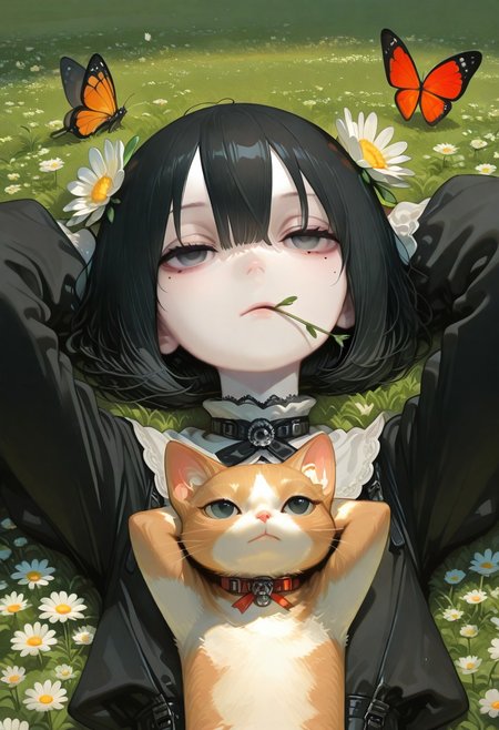 1girl, solo, black hair, bob cut, hair between eyes,  hair flower, solid black eyes, detailed eyes, mole under eye, expressionless, closed mouth,(pale skin:0.7), goth fashion, arms behind head, on back, stalk in mouth, daisy flower, mouth hold, animal, ginger cat, solo, meadow, flowers, butterfly, lush nature, from above, close up,scenery, no lineart, no outline,anime style, S4bit4mago_illu,EDA