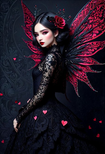 beautiful hyper detailed whimsical 35 k ultra realistic hyper detailed beautiful dark fairy, hyper detailed perfecteyes, shadow woman red lips graphic, dark intricate wings on back, black lace dress, black boots, in the style of Charlie Bowater, nicoletta ceccoli , dark  Whimsical, Detailed Fantasy, black lace Background pattern with tiny  3d red and pink hearts, Glitter, White Thorns, Muted Colors, Explosion, Intricate Extremely Detailed, Hyperdetailed, style of monica lee, Hgonzag, Camilla d'Errico Diego Gisbert,Winter wonder land art art, Masterpiece, trending on artstation, featured on pixiv, cinematic composition, 8K