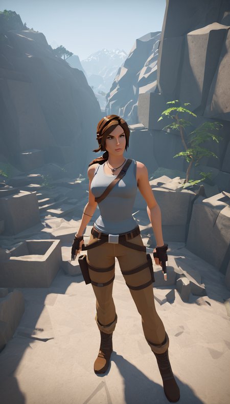 low-poly style Cinematic scene, hero view, Lara Croft <lora:lara_croft_xl_v2:1>, action pose, detailed background, masterpiece, best quality, high quality, highres, absurdres  . low-poly game art, polygon mesh, jagged, blocky, wireframe edges, centered composition