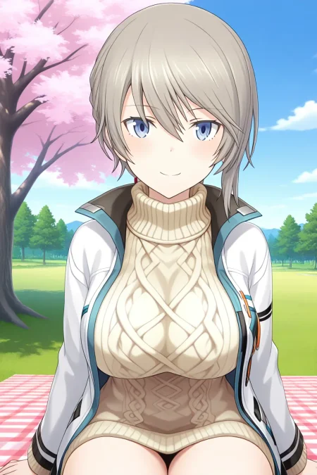 <lora:alicegear_adelaide_ilxl:1>masterpiece, best quality, alicegear_adelaide_ilxl, 1girl, solo, smile, large breasts, Cherry Tree, blue sky,  sitting , picnic sheet, sweater, turtleneck, aran sweater, cable knit, looking at viewer, jacket, turtleneck sweater, ribbed sweater