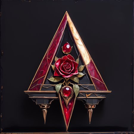 The image shows a red rose in the center of a triangle on a black background surrounded by a golden triangle. The rose is a deep red color and the triangle is a golden hue. The background is a stark black creating a striking contrast with the vibrant red of the rose., no humans, still life, flower, red flower, rose, traditional media, red rose, border, leaf, painting (medium), framed, red gemstone, acrylic paint (medium), coffin core_9, score_8_up, score_7_up,  <lora:Art_DecoPony:1> ArsMJStyle, Art Deco