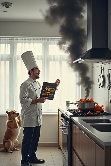 
A comical scene set in a modern kitchen where a chef, dressed in a full professional outfit with a tall white hat, stands in front of a stovetop that is billowing thick, black smoke. The chef, with a look of sheer panic and wide eyes, holds a cookbook titled "Gourmet Cooking for Beginners" upside down in one hand, while the other hand desperately fans the smoke with a spatula. On the stovetop, a pot overflows with a charred, unidentifiable dish that has clearly gone wrong, adding to the chaotic scene. The smoke alarm on the ceiling is blaring, and a small dog in the corner is covering its ears with its paws, further emphasizing the mishap. The kitchen itself is modern and sleek, with shiny countertops and stainless steel appliances, contrasting sharply with the disaster unfolding in the middle of it. The lighting is bright, making the thick black smoke even more prominent as it curls toward the ceiling, creating a humorous juxtaposition between the chef's intention and the actual result.