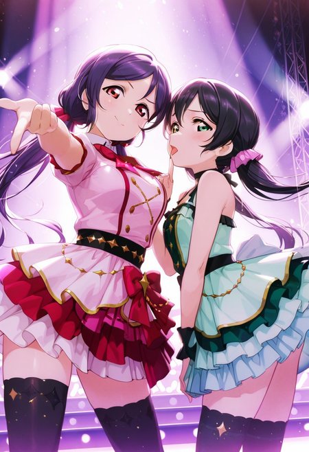 2girls,  light particles, , stage, stage lights, dramatic light,usnr, absurdres, highres, masterpiece, best quality, amazing quality, dynamic pose, dynamic angle,, equal focus, duo, interacting, idols, idols on stage, looking at viewer, height difference 
BREAK lovelive_nozomi,purple and green dress, skin thight dress, idol dress, star details, black thighhighs, large breasts, purple hair, parted bangs, low twintails, hair scrunchie, pink scrunchie, green eyes, tongue out, tall, big chest 
BREAK lovelive_nico,pink dress, idol dress, cute dress, heart details, bow details, black hair, twintails, red hairbow, red eyes, tsundere, short, flat chest