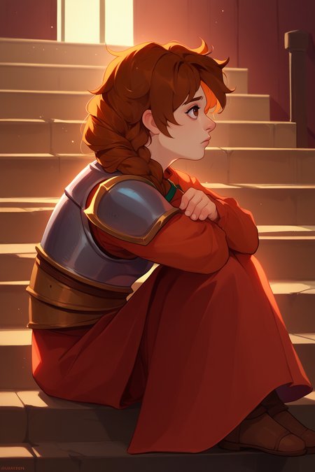 score_9, score_8_up, score_7_up, BREAK 1girl, solo <lora:NSMarnieStardew:1> NSMarnieStardew, single braid, brown eyes, brown hair, armor, sitting, side view, stairs, tired, looking up
